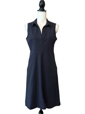 T Tahari Linen Blend Stretch Sleeveless Fit & Flare Dress SZ 10 in Navy Blue